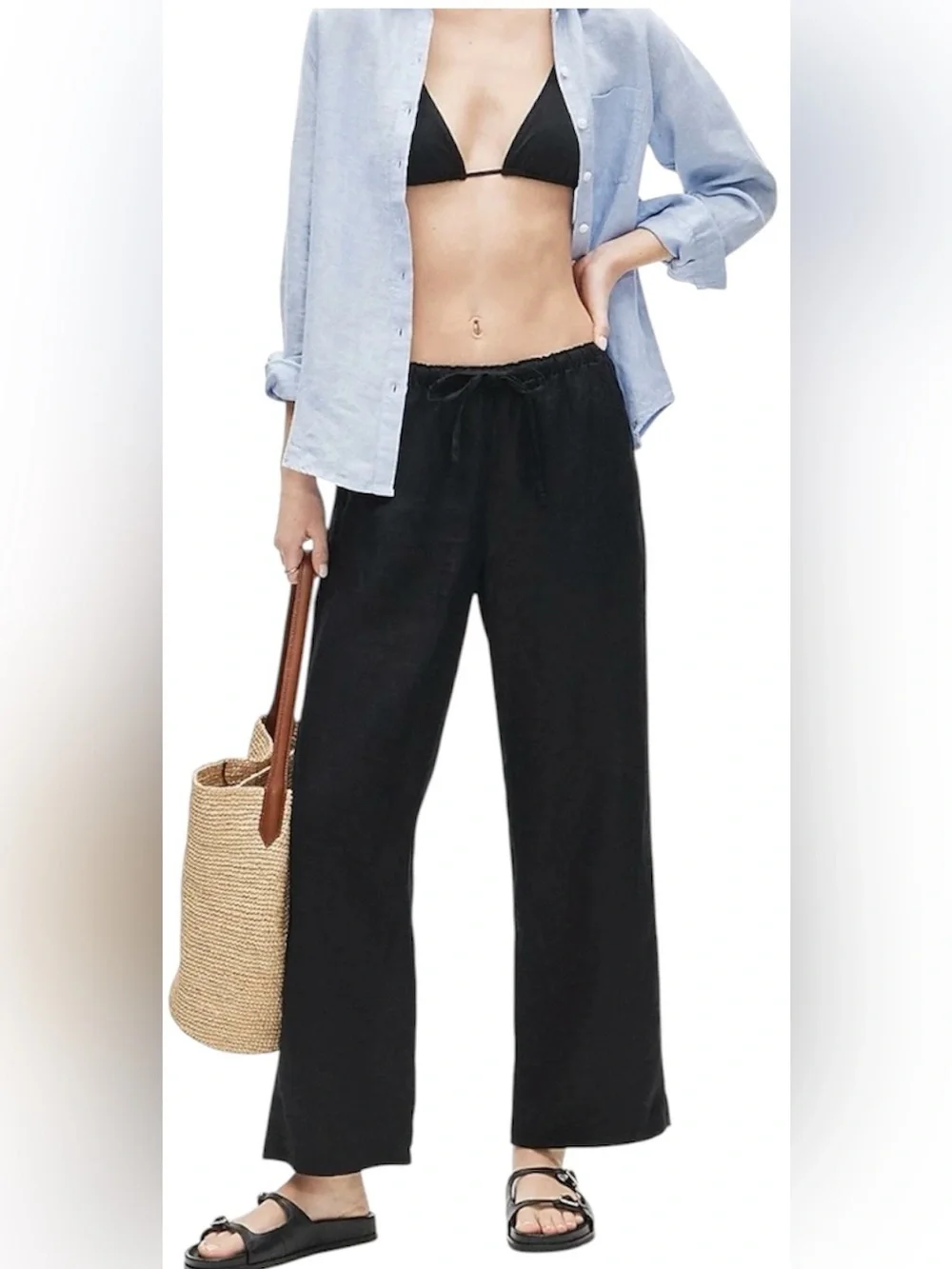 J. Crew Black 💯 Linen Wide-Leg Drawstring Pants Size Small - Picture 1 of 14